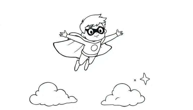 Niño superhéroe volando sobre nubes y estrella, listo para colorear con la placa de color.