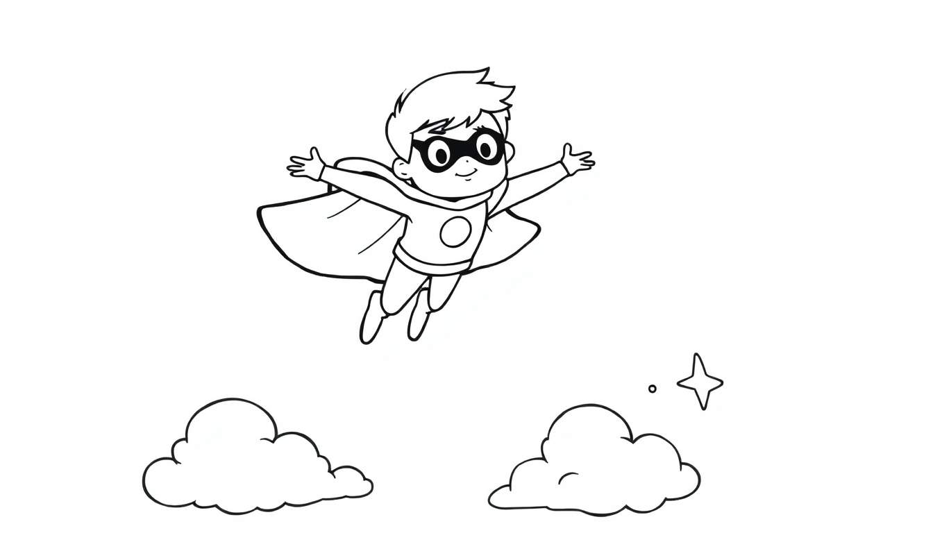 Niño superhéroe volando sobre nubes y estrella, listo para colorear con la placa de color.