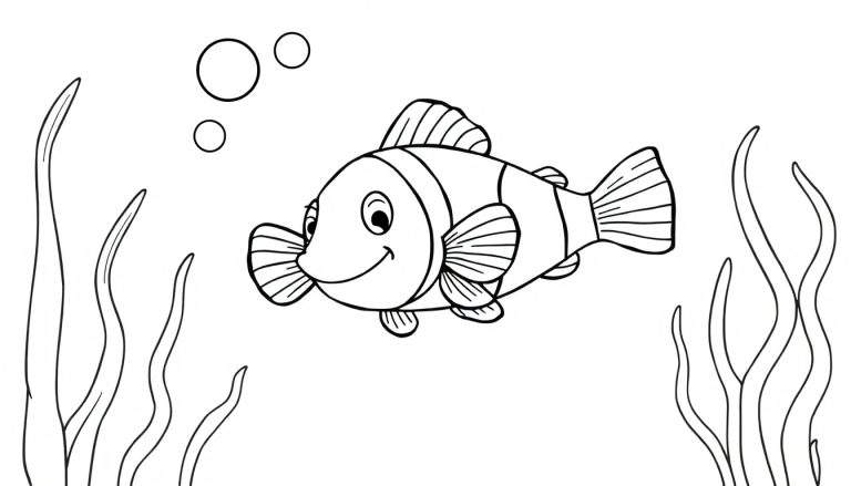 Pez payaso para colorear en blanco y negro con burbujas y algas marinas.