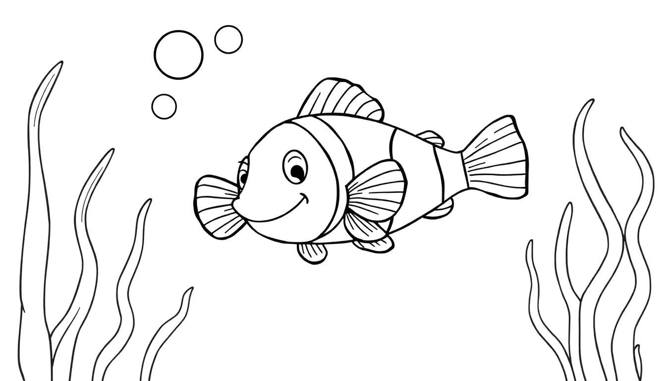 Pez payaso para colorear en blanco y negro con burbujas y algas marinas.