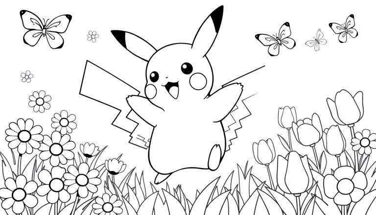 Placa de color de Pikachu saltando alegremente en un jardín de flores con mariposas.