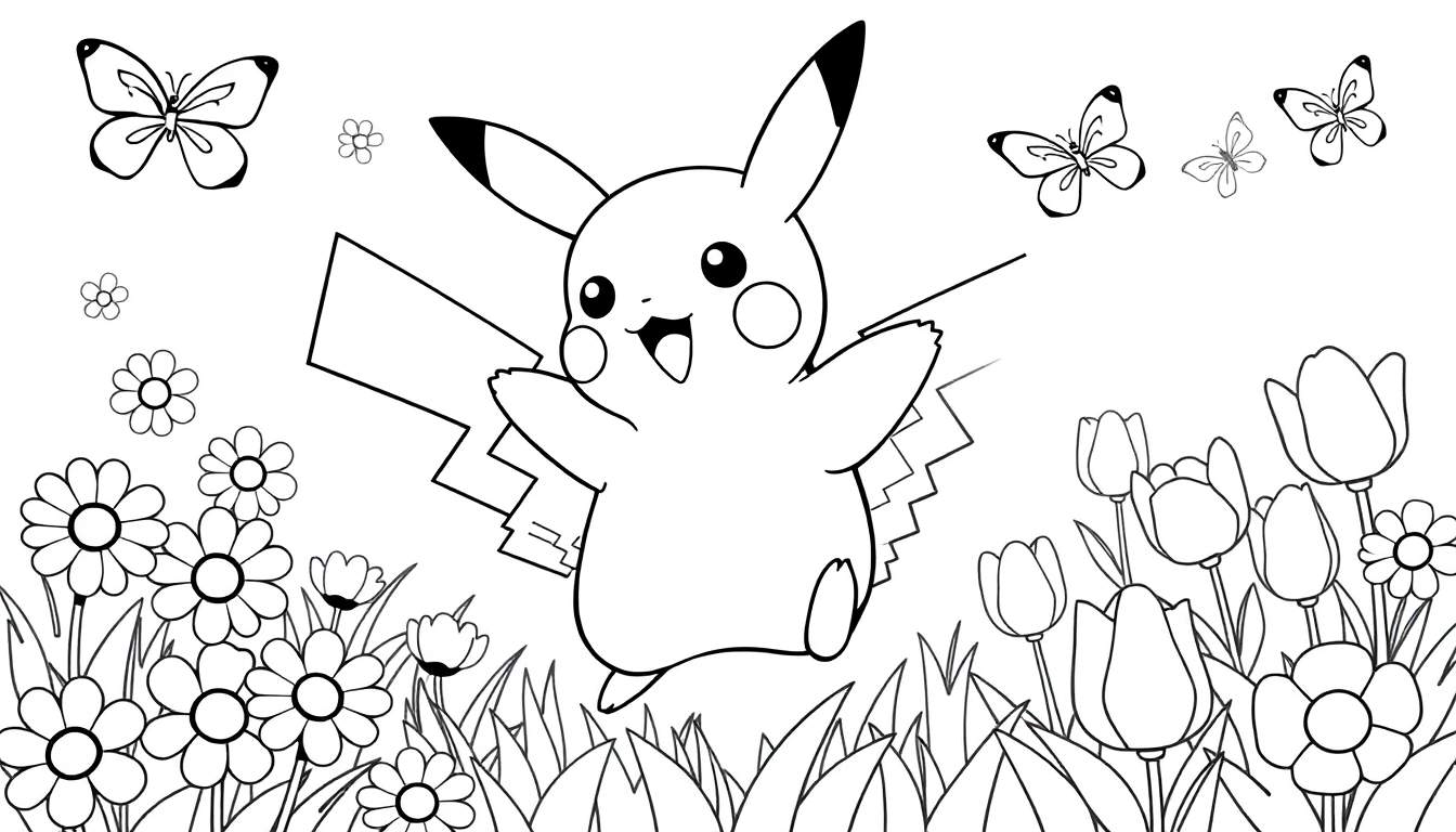 Placa de color de Pikachu saltando alegremente en un jardín de flores con mariposas.