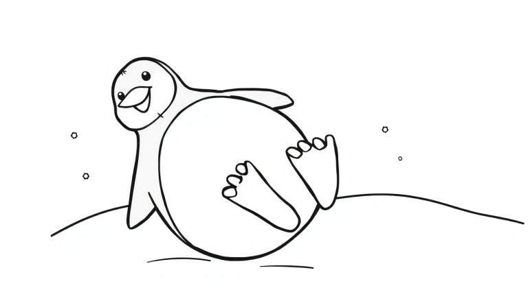 Pingüino feliz tirado de espaldas en la nieve, listo para colorear en esta placa de color.