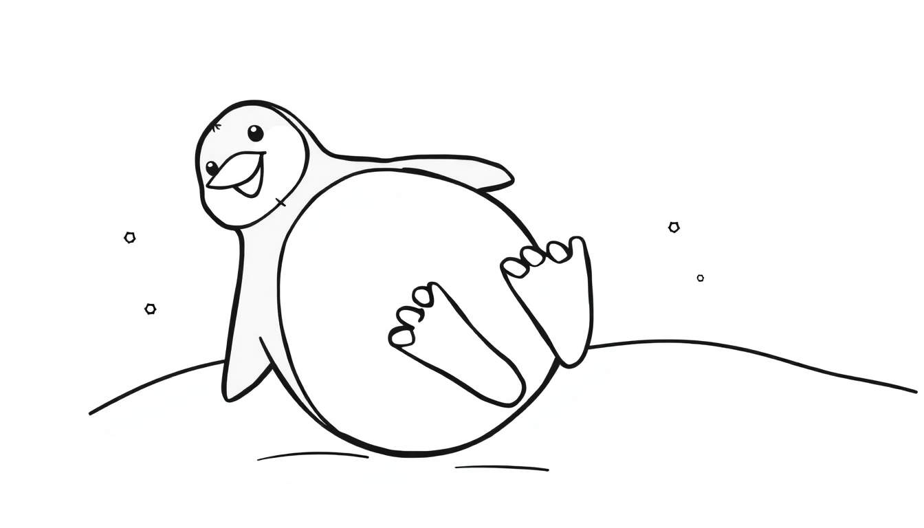 Pingüino feliz tirado de espaldas en la nieve, listo para colorear en esta placa de color.