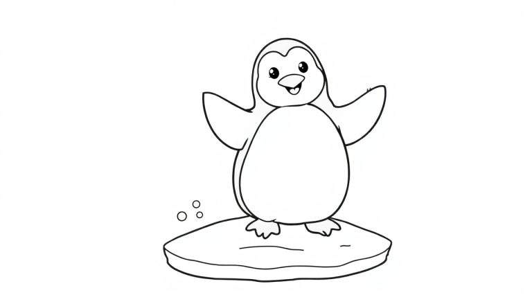Pingüino de dibujos animados sonriente listo para colorear, con contorno negro sobre fondo blanco. Incluye un trozo de hielo y burbujas. Obra de arte de placa de color.