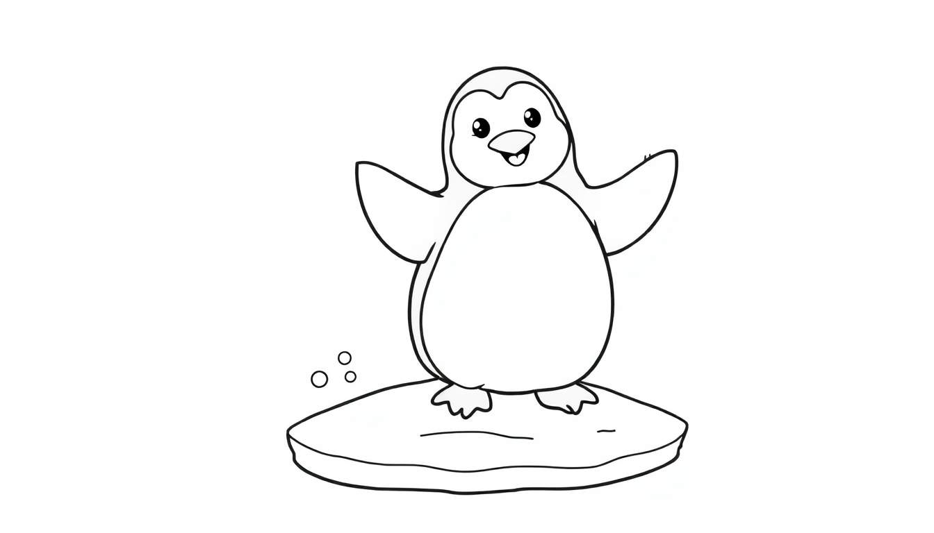 Pingüino de dibujos animados sonriente listo para colorear, con contorno negro sobre fondo blanco. Incluye un trozo de hielo y burbujas. Obra de arte de placa de color.