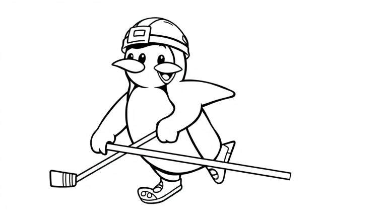 Pingüino de dibujos animados con casco de hockey, patines y palo, listo para jugar, perfecto para una placa de color.