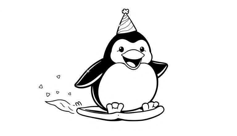 Un pingüino de dibujos animados con gorro de fiesta deslizando sobre una tabla, dejando un rastro de vapor y corazones. Ilustración en blanco y negro para colorear.