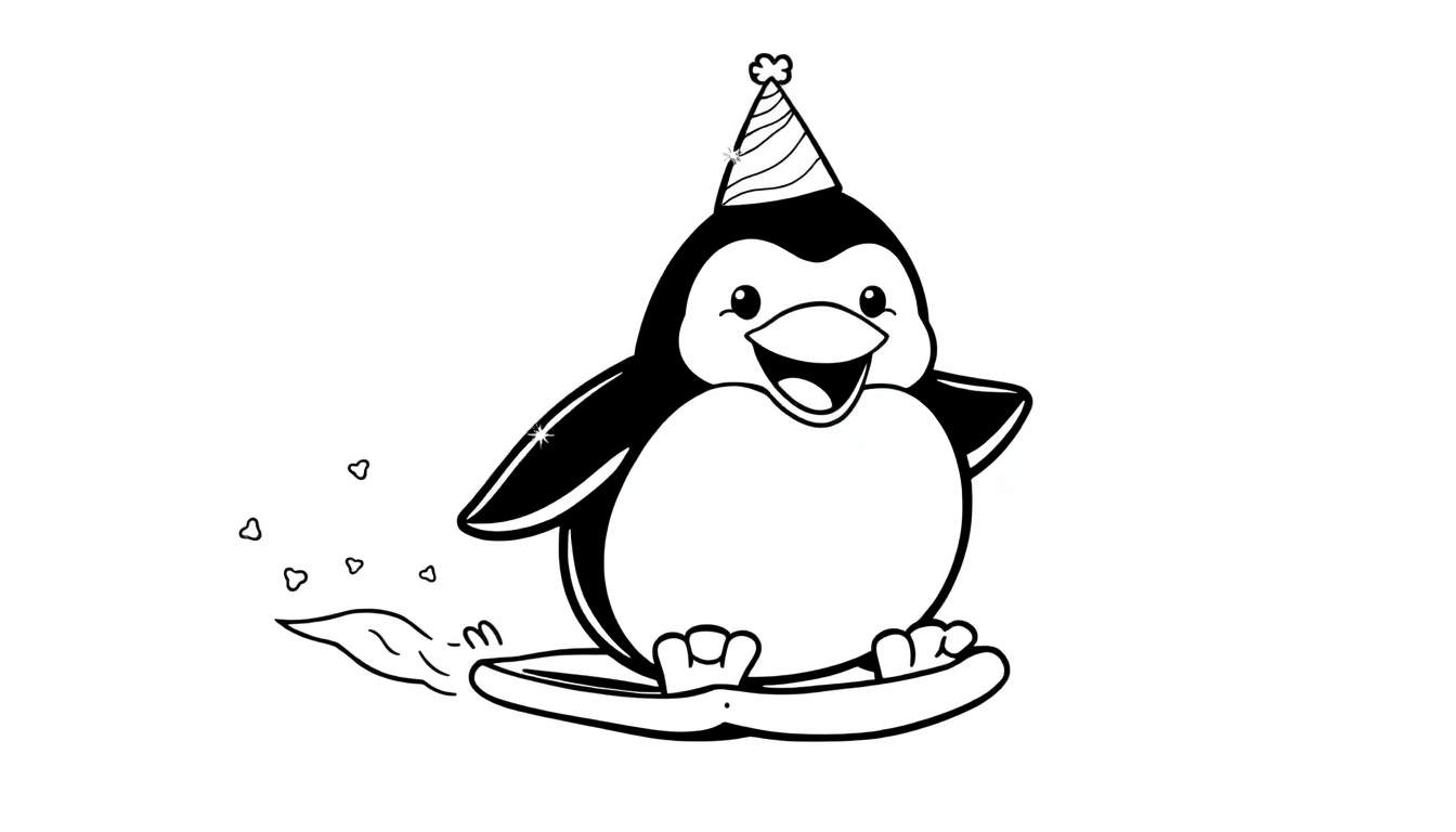 Un pingüino de dibujos animados con gorro de fiesta deslizando sobre una tabla, dejando un rastro de vapor y corazones. Ilustración en blanco y negro para colorear.