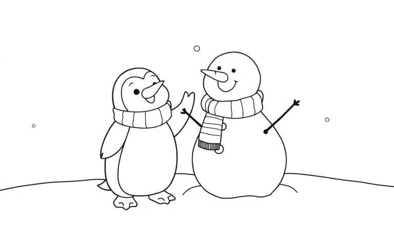 Placa de color de un pingüino amigable construyendo un muñeco de nieve con bufanda a rayas y zanahoria.