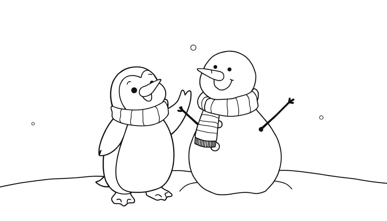 Placa de color de un pingüino amigable construyendo un muñeco de nieve con bufanda a rayas y zanahoria.
