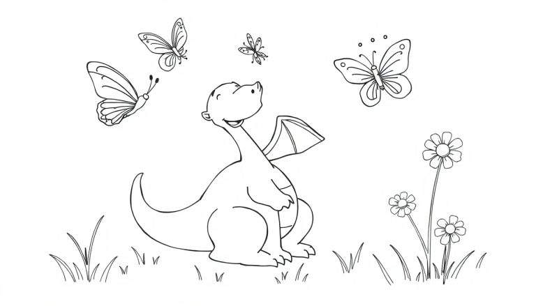 Un dragón sonriente sentado en un prado verde con mariposas y flores, listo para colorear en esta placa.