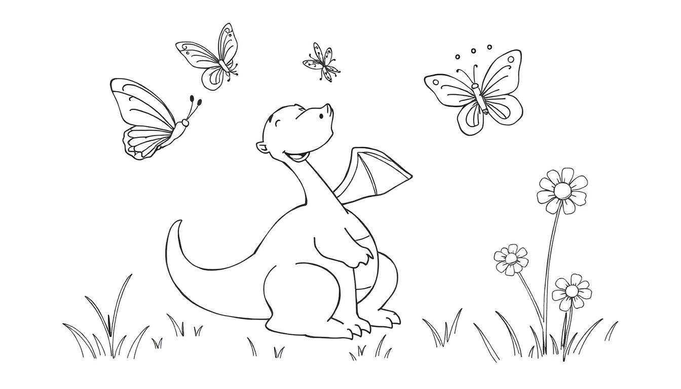 Un dragón sonriente sentado en un prado verde con mariposas y flores, listo para colorear en esta placa.
