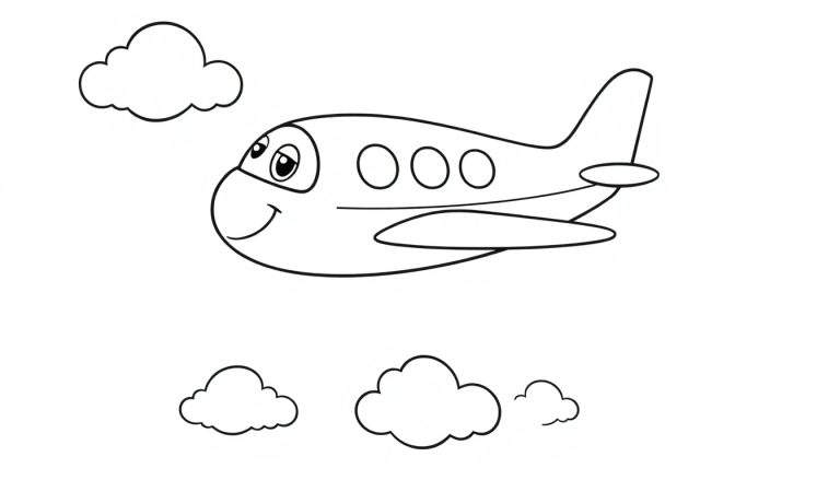 Un avión de dibujos animados sonriente con ojos grandes y ventanas circulares, volando entre nubes, listo para colorear en esta placa.