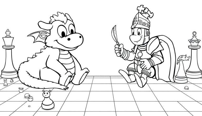 Placa de ajedrez en blanco y negro con un dragón y un caballero jugando.