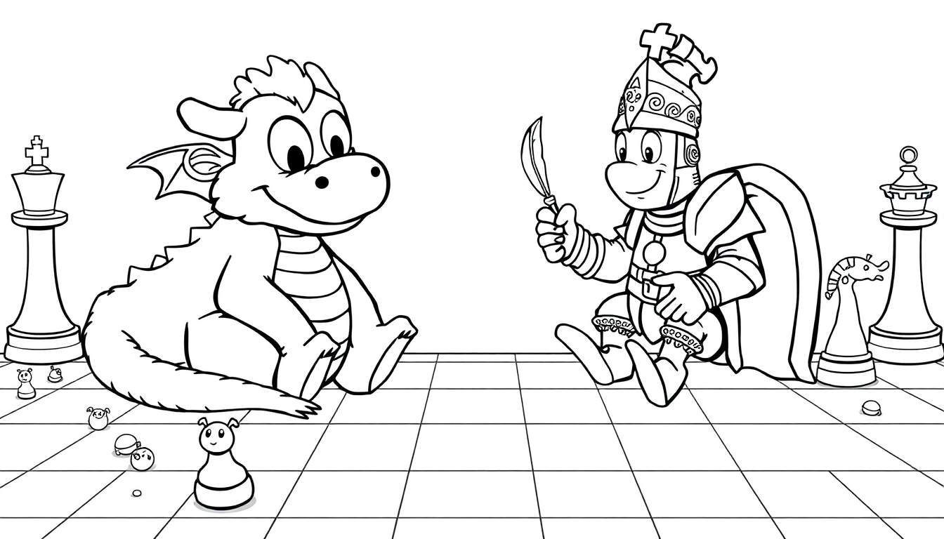 Placa de ajedrez en blanco y negro con un dragón y un caballero jugando.