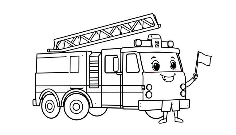 Placa de camión de bomberos caricaturesco para colorear con número 2.