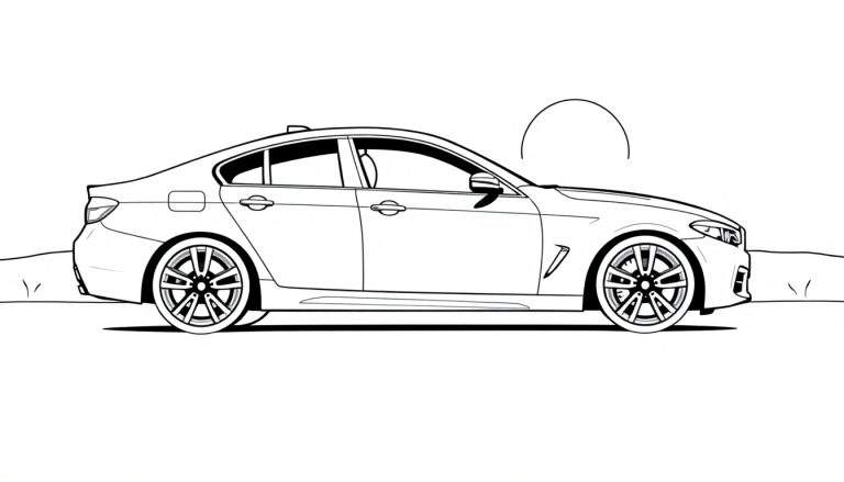 Un coche sedán blanco y negro para colorear con ruedas de radios y un sol estilizado detrás, listo para añadirle color.