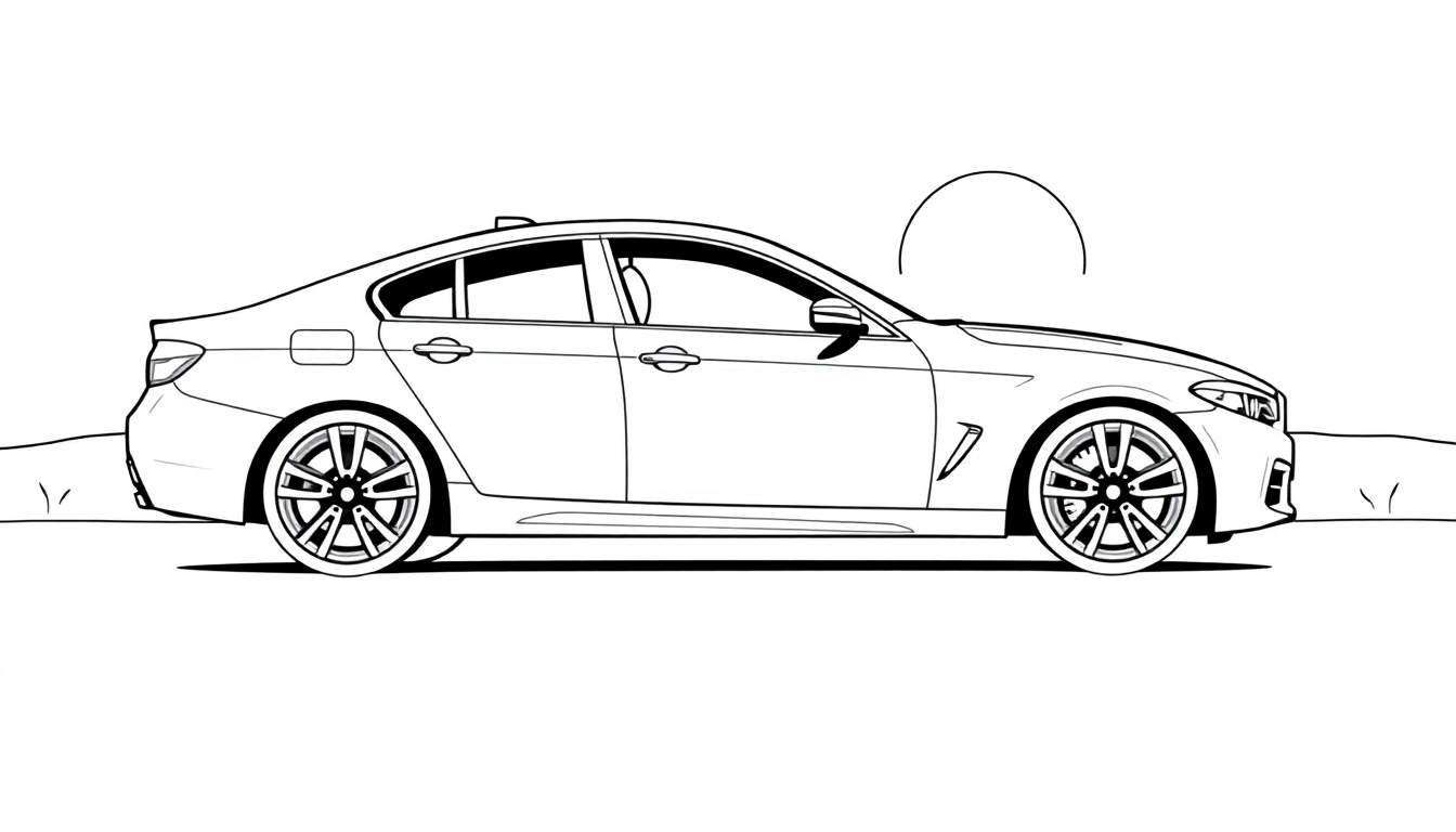 Un coche sedán blanco y negro para colorear con ruedas de radios y un sol estilizado detrás, listo para añadirle color.