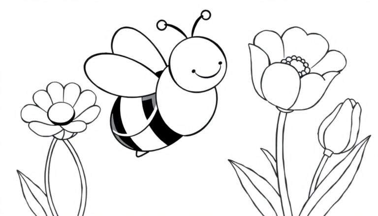 Placa de color de una abeja sonriente con flores