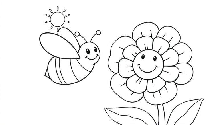 Placa de color de una abeja feliz volando hacia una flor sonriente con un sol brillando.