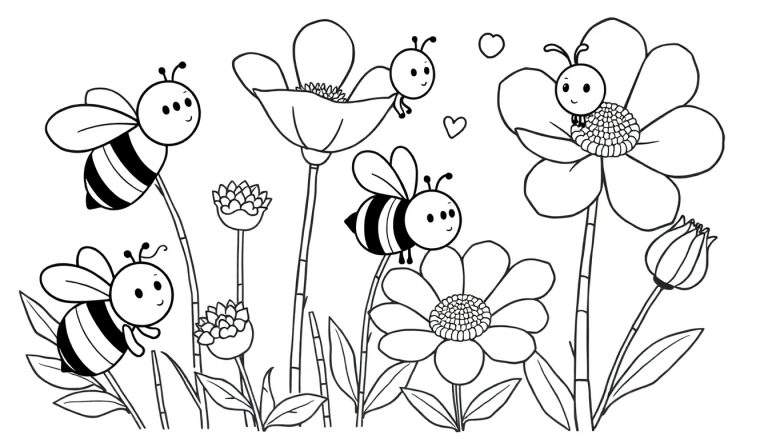 Placa de color con abejas y flores sonrientes.