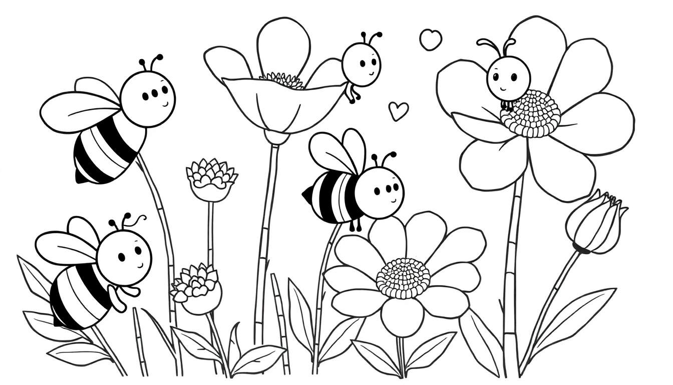Placa de color con abejas y flores sonrientes.