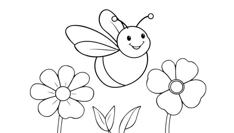 Placa de color de una abeja feliz volando sobre flores.