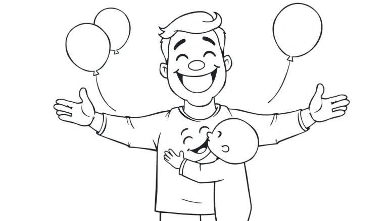 Placa de color de un papá feliz abrazando a su hijo con globos.