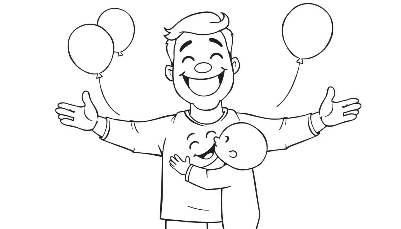 Placa de color de un papá feliz abrazando a su hijo con globos.
