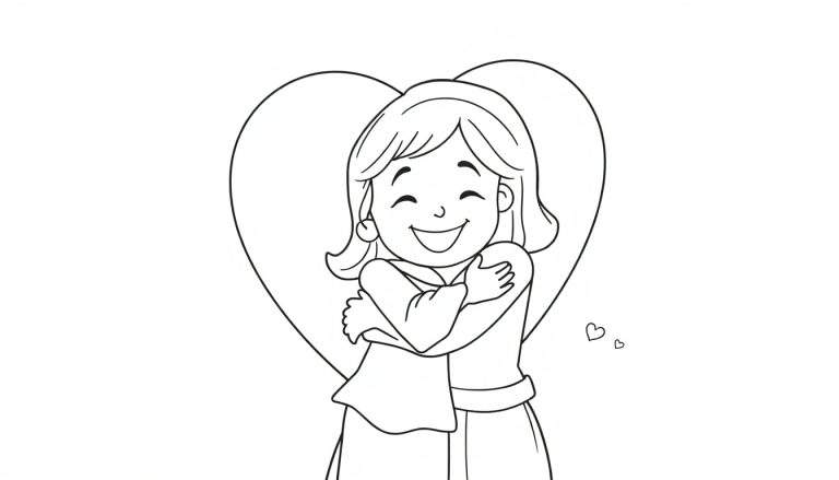 Placa de color de una niña abrazándose a sí misma con un gran corazón detrás.