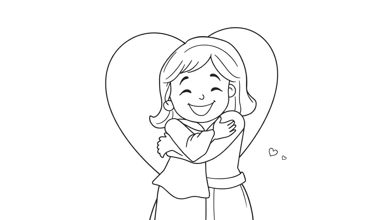 Placa de color de una niña abrazándose a sí misma con un gran corazón detrás.