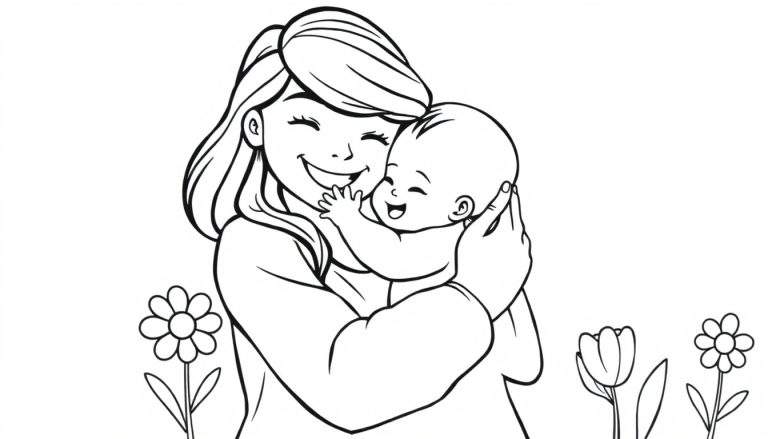 Placa de color de una madre feliz abrazando a su bebé rodeados de flores.