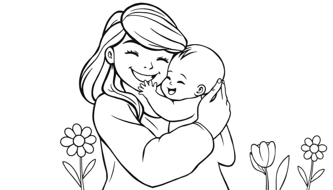 Placa de color de una madre feliz abrazando a su bebé rodeados de flores.