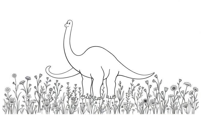 Una placa de color de un Diplodocus amistoso con flores.