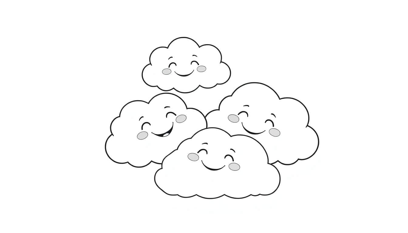 Una placa de color para colorear con cuatro nubes sonrientes.