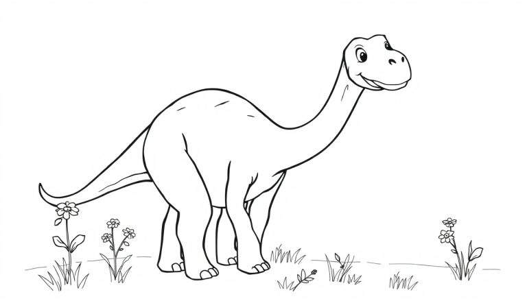 Placa de color de un dinosaurio de cuello largo sonriente rodeado de hierba y flores.