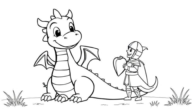 Placa de color: Dragón amigable y caballero compartiendo una manzana
