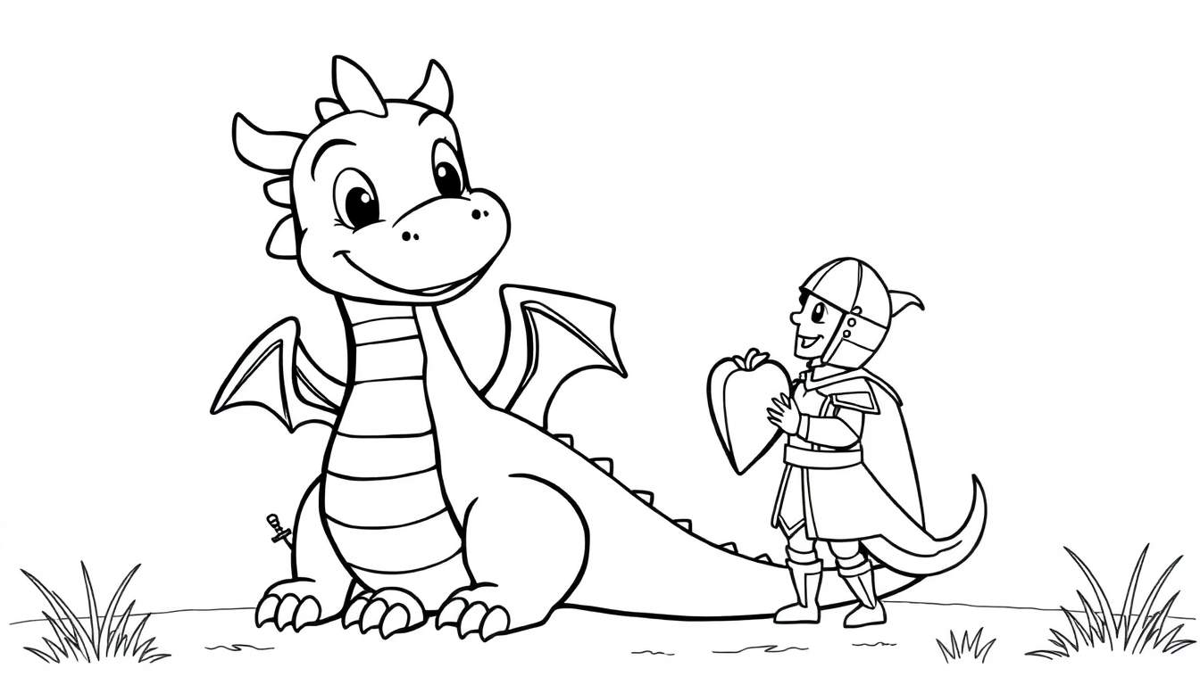 Placa de color: Dragón amigable y caballero compartiendo una manzana