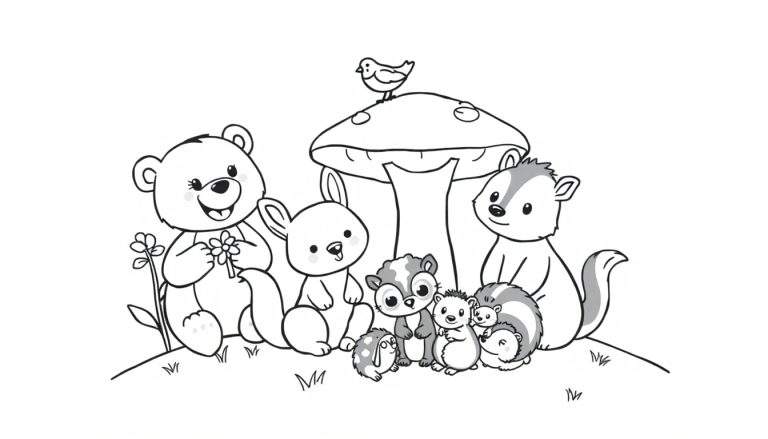 Placa de color con animales de dibujos animados en un bosque.