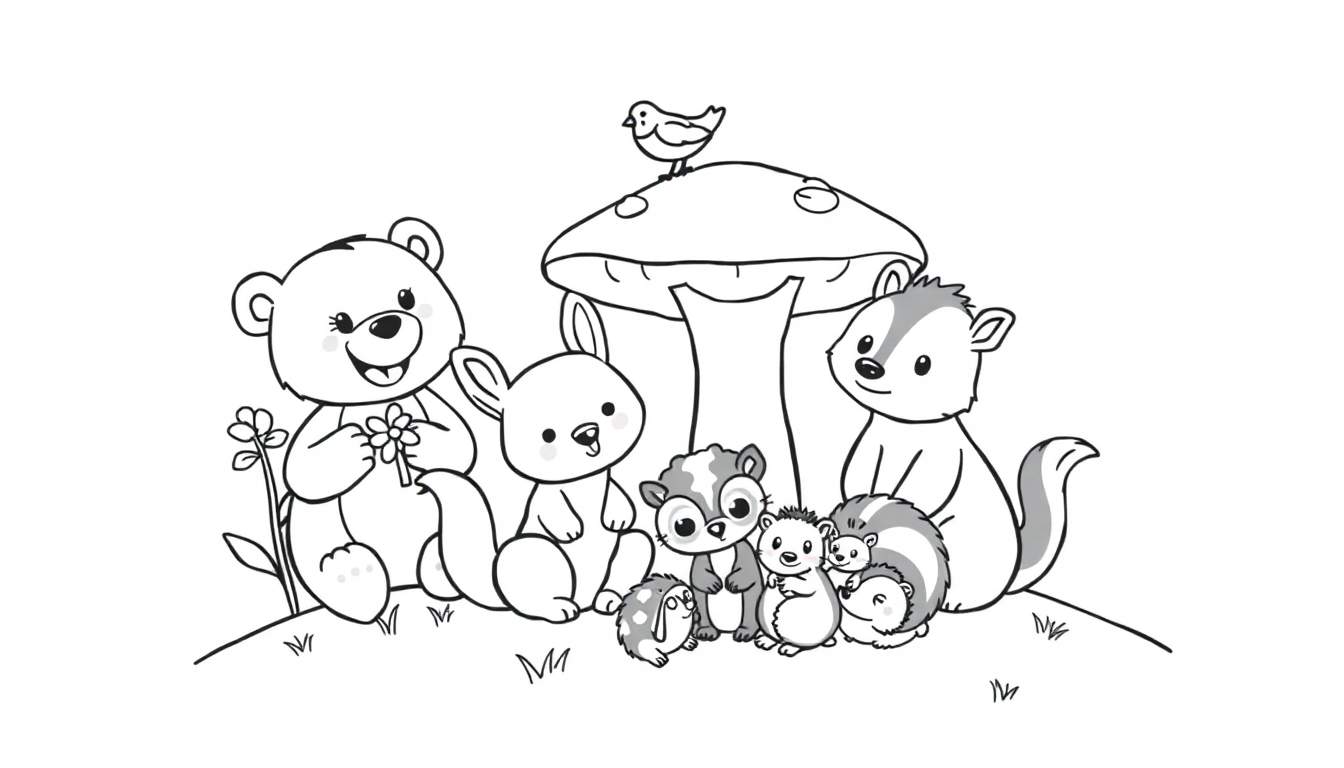 Placa de color con animales de dibujos animados en un bosque.