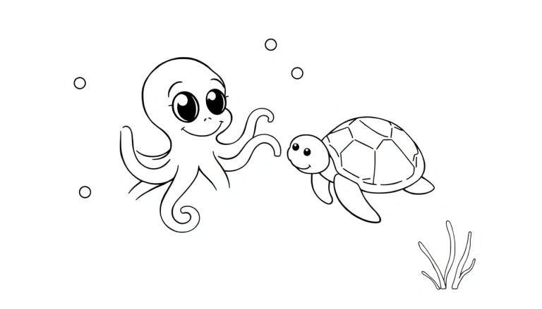 Placa de color con un pulpo amigable y una tortuga marina jugando en el océano.