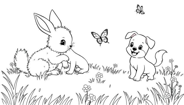 Placa de color con un conejo y un cachorro en un prado con flores y mariposas.