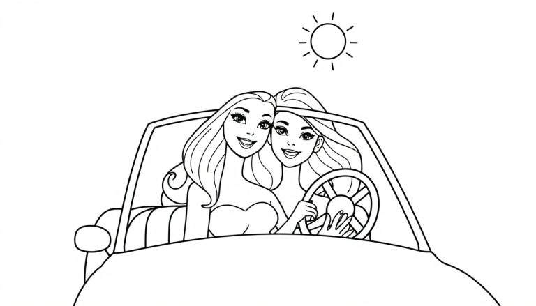 Placa de color de dos amigas rubias en un descapotable clásico bajo el sol.