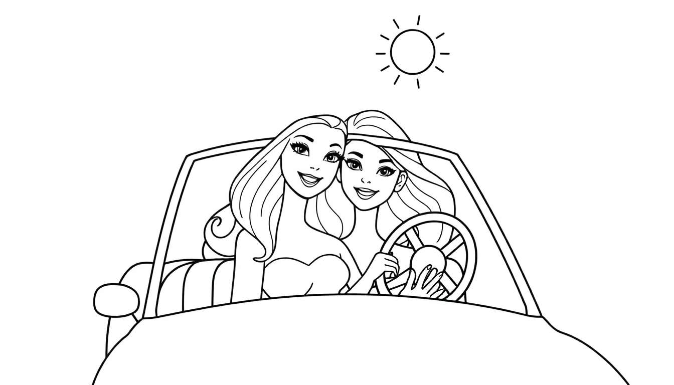 Placa de color de dos amigas rubias en un descapotable clásico bajo el sol.