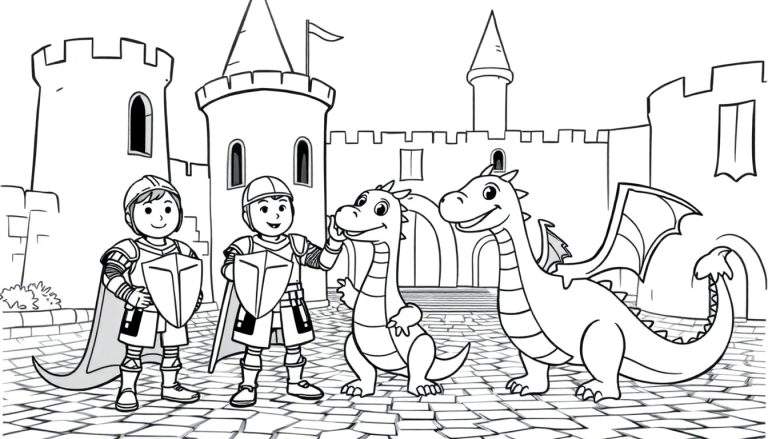Placa de color de dos caballeros con dragones frente a un castillo.