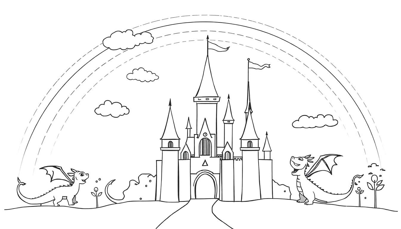 Placa de color: Castillo mágico con dragones y arcoíris