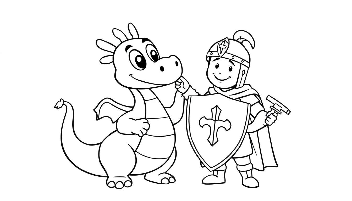 Placa de color de un dragón sonriente y un caballero con armadura jugando juntos.