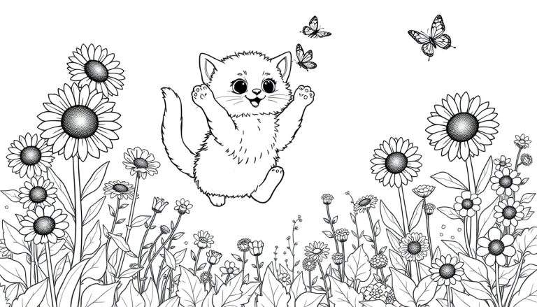 Placa de color de un gatito juguetón saltando entre flores persiguiendo mariposas.