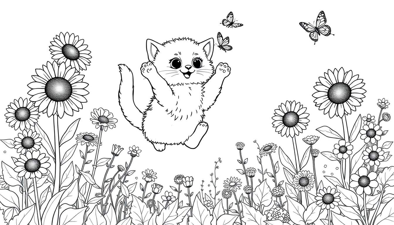 Placa de color de un gatito juguetón saltando entre flores persiguiendo mariposas.